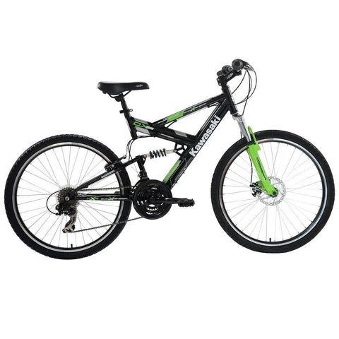 Kawasaki DX Full Suspension Mountain Bicycle, 26 in. Wheels, 19 in. Frame, Men's Bike in Black/Green